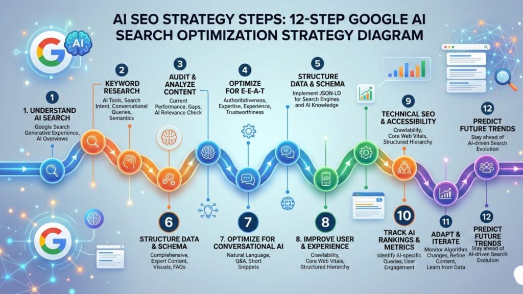 step by step Google AI search optimization strategy diagram