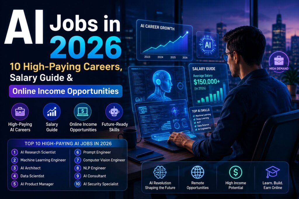 AI Jobs in 2026 featuring high-paying AI careers, salary trends, machine learning professionals, and online income opportunities in a futuristic workplace.