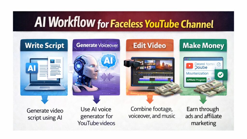 AI workflow for starting a faceless YouTube channel using AI tools including script writing, voiceover, editing and monetization