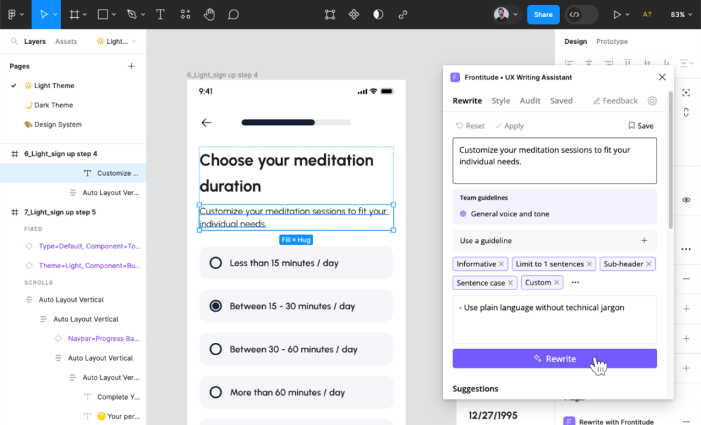 Frontitude AI UX Writing Assistant rewriting mobile app UX copy inside Figma design interface.