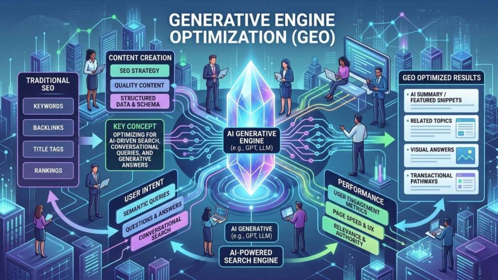 Generative Engine Optimization concept showing AI powered search engine optimization
