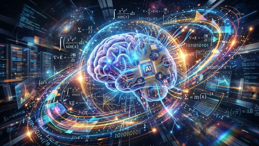 human brain combined with AI circuits solving complex math equations, futuristic concept art