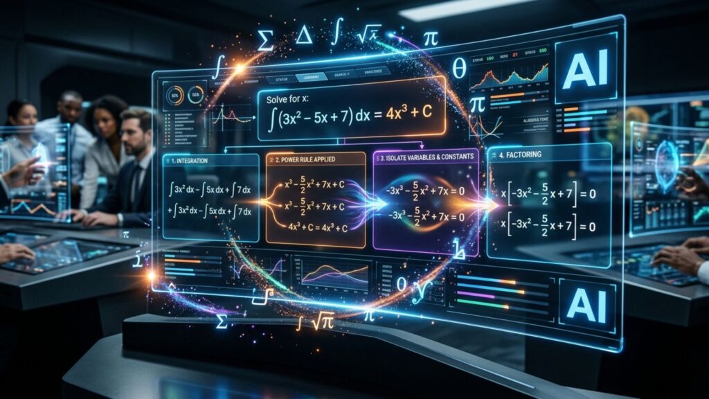 student scanning math problem with smartphone, AI recognition, digital interface, neon blue theme