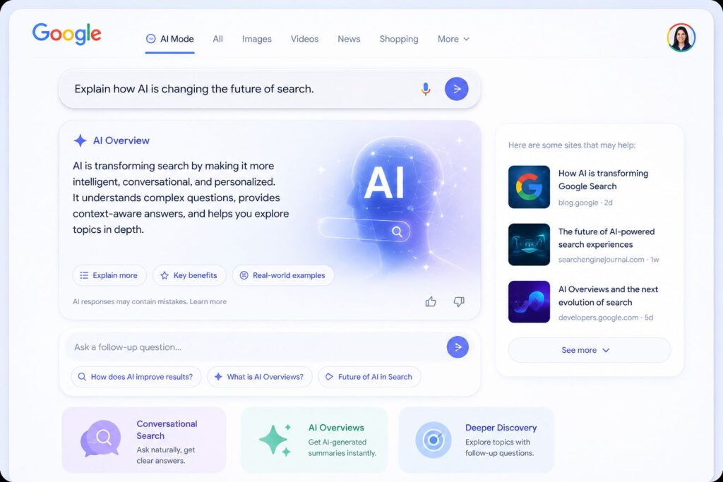 Google AI Search interface showing conversational AI-generated answers