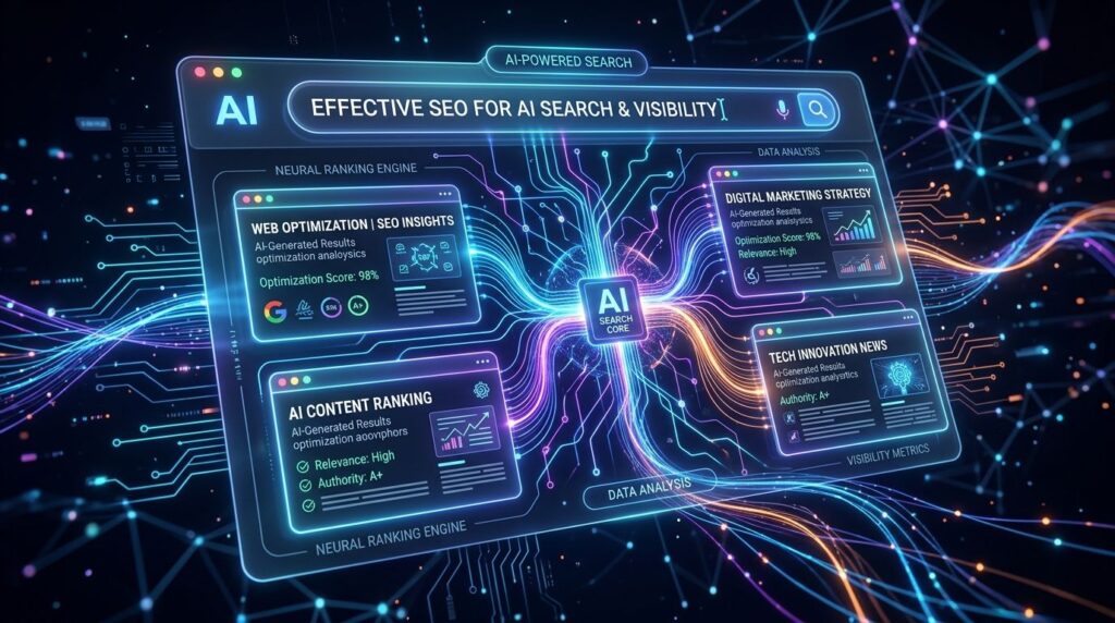 AI visibility concept showing websites appearing inside AI-generated search results