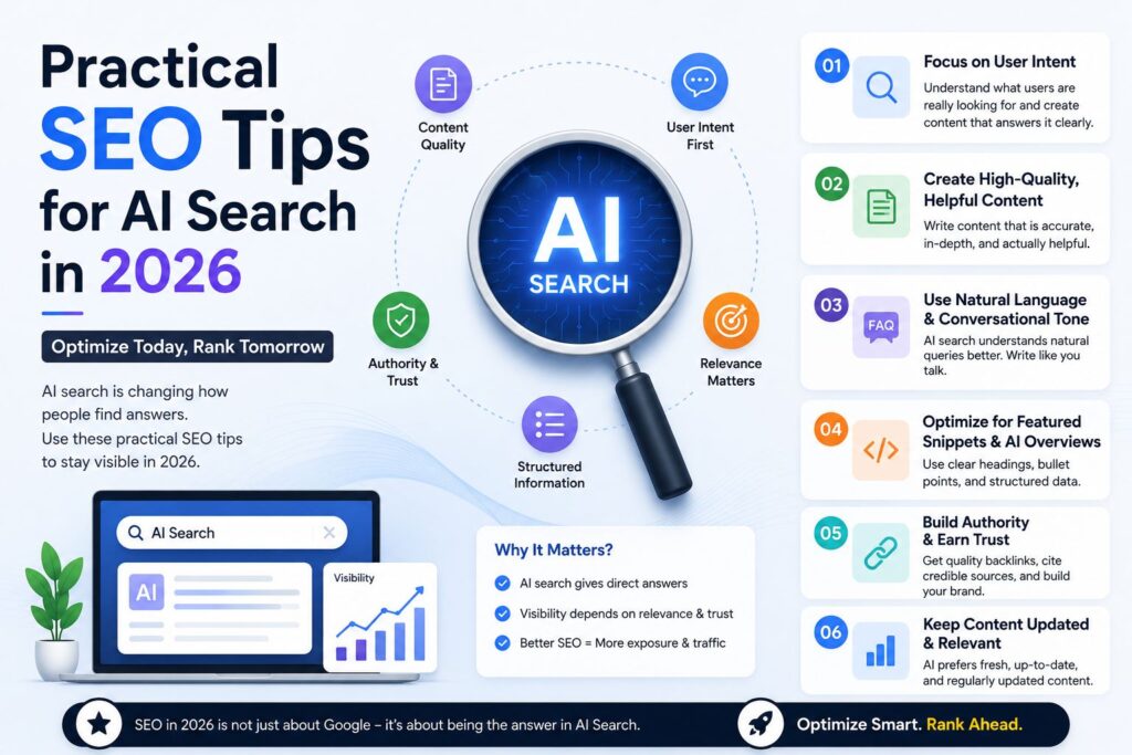 Practical SEO tips for AI search in 2026 including user intent, content quality, AI visibility, and search optimization strategies