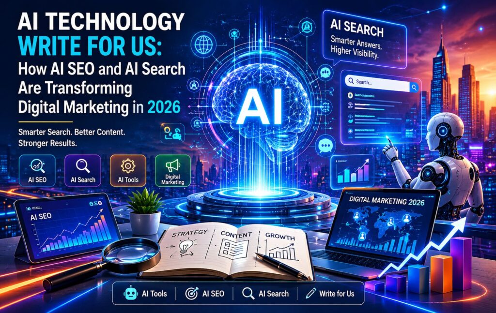 AI Technology Write for Us article cover showing AI SEO, AI Search, digital marketing dashboard, futuristic robot, AI tools, and search optimization trends in 2026.