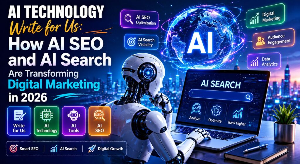 Futuristic AI Technology Write for Us concept featuring AI Search, AI SEO, digital marketing analytics, AI tools, and content growth strategies for 2026.