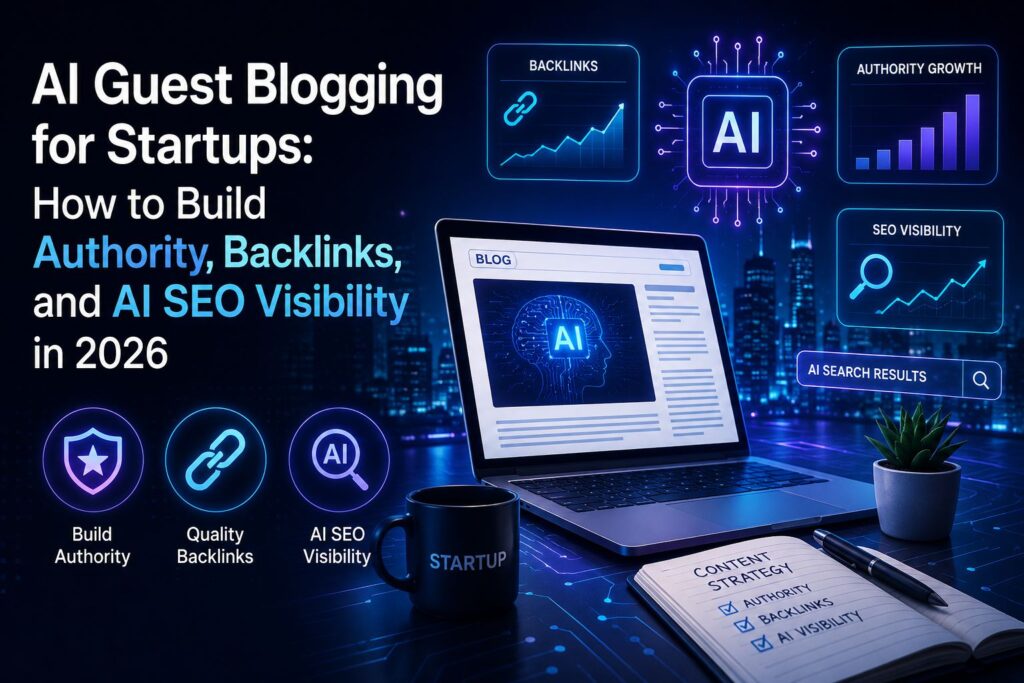 AI Guest Blogging for Startups showing backlink building, brand authority, and AI SEO visibility strategies in 2026