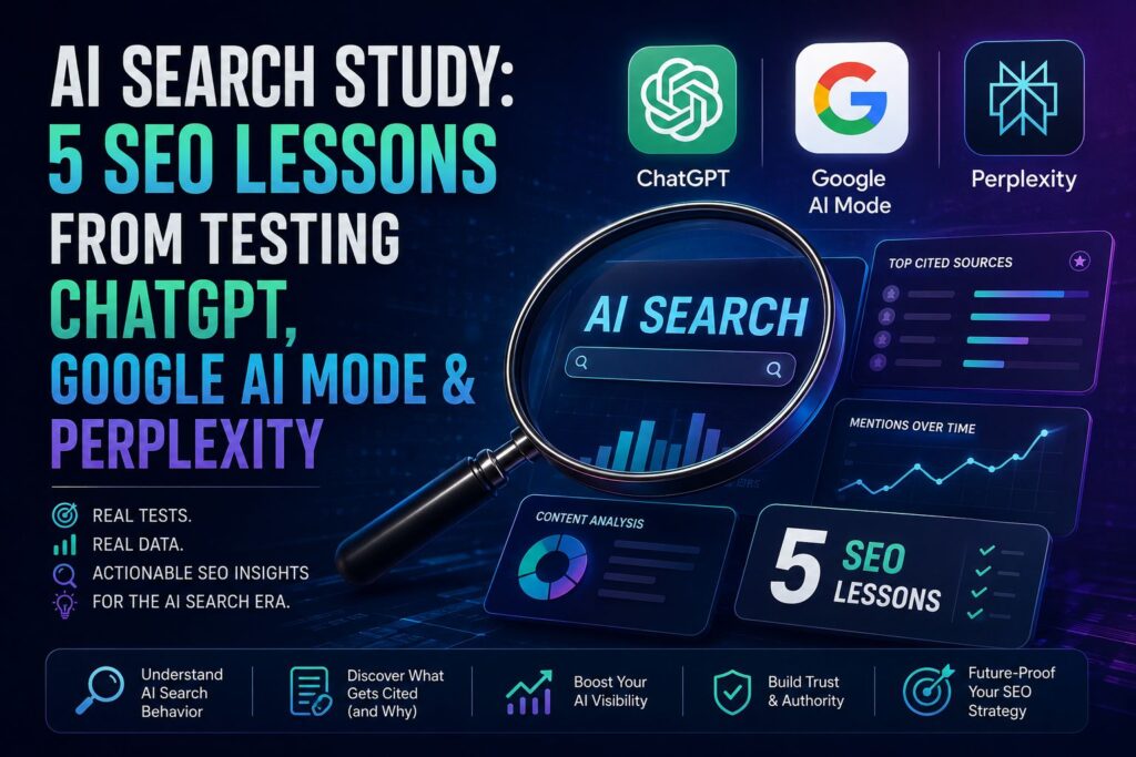 AI Search Study showing five SEO lessons from testing ChatGPT, Google AI Mode, and Perplexity