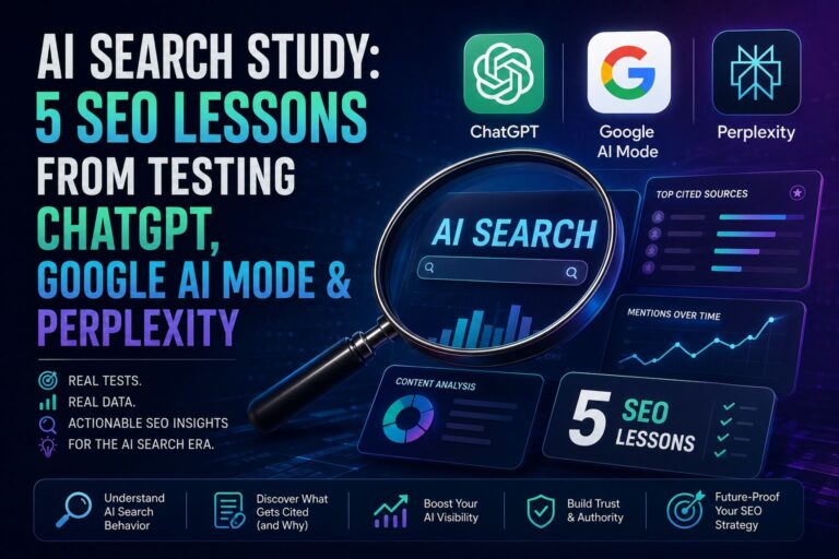 AI Search Study showing five SEO lessons from testing ChatGPT, Google AI Mode, and Perplexity