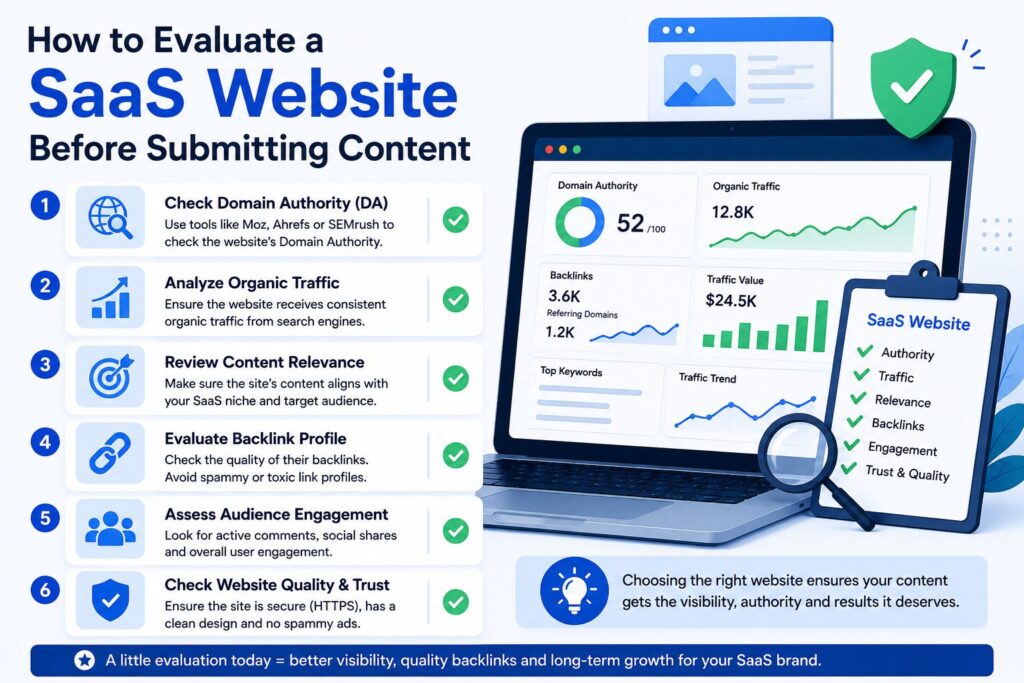 Checklist for evaluating a SaaS website before submitting guest post content including authority traffic and backlink analysis