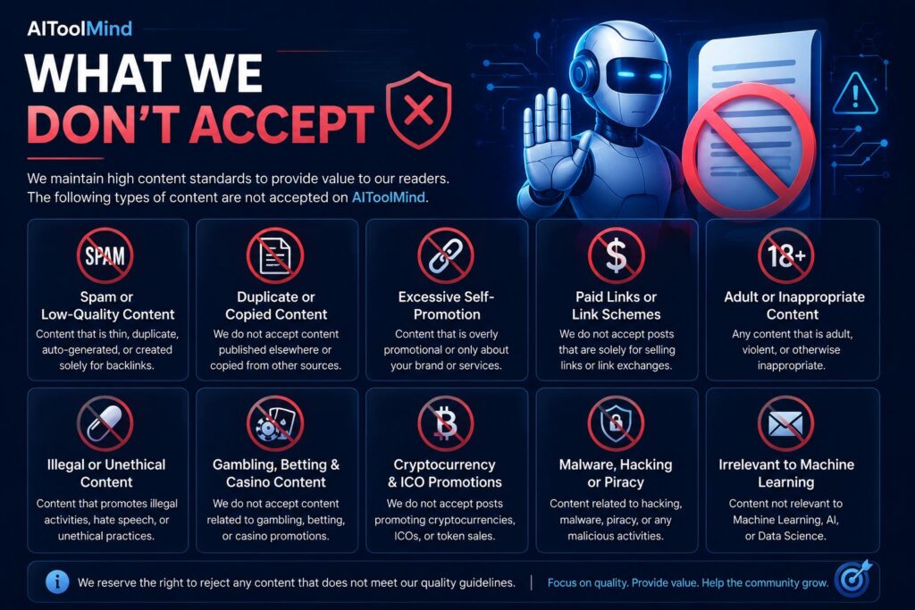 Topics not accepted for Machine Learning guest posts including spam, AI-generated content, plagiarism, gambling, and irrelevant submissions.