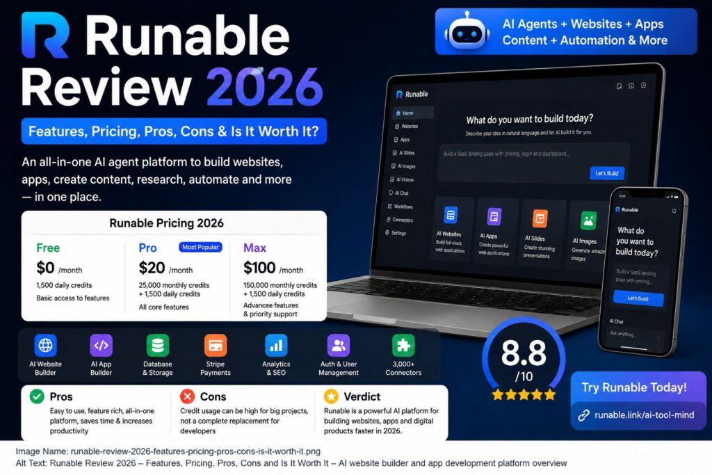 Runable AI features and pricing 2026 including website builder, app builder and AI agents
