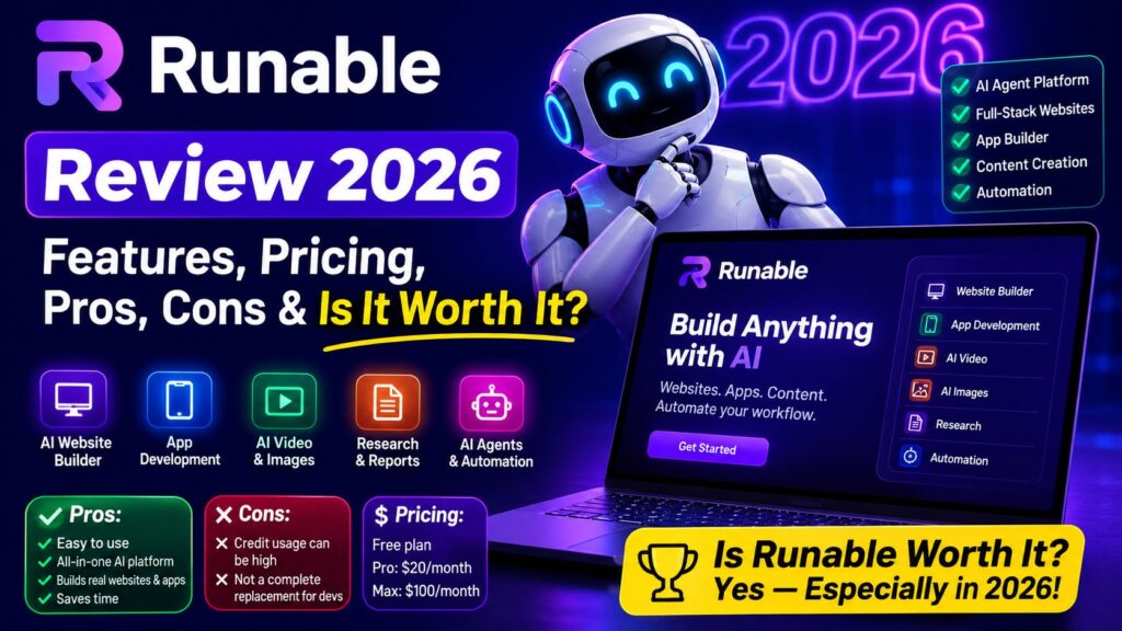 Runable AI features and pricing 2026 including website builder, app builder and AI agents