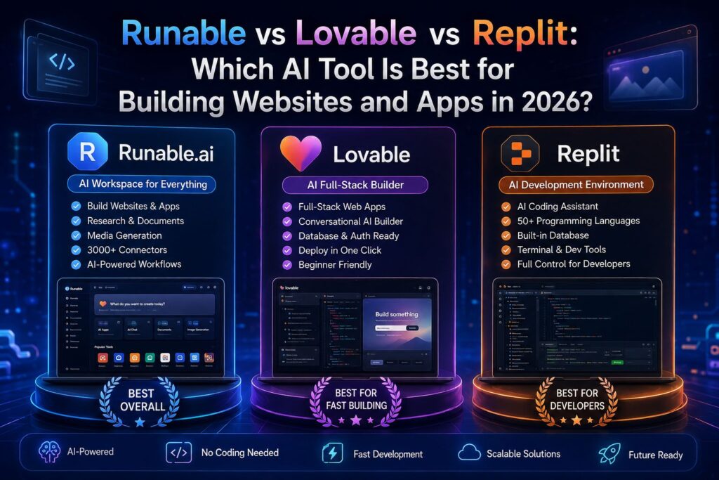 Runable vs Lovable vs Replit comparison for AI app development in 2026