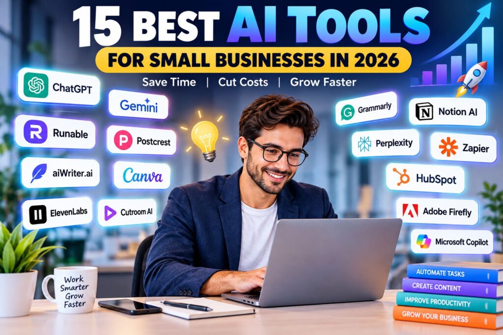 Discover the 15 best AI tools for small businesses in 2026 to save time, cut costs, automate tasks, create content, and grow your business faster.