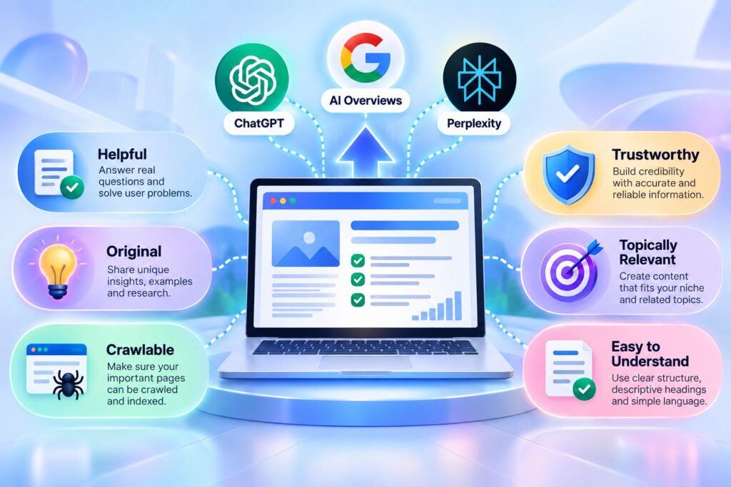 AI search visibility principles for helpful, original, crawlable, trustworthy, and easy-to-understand websites