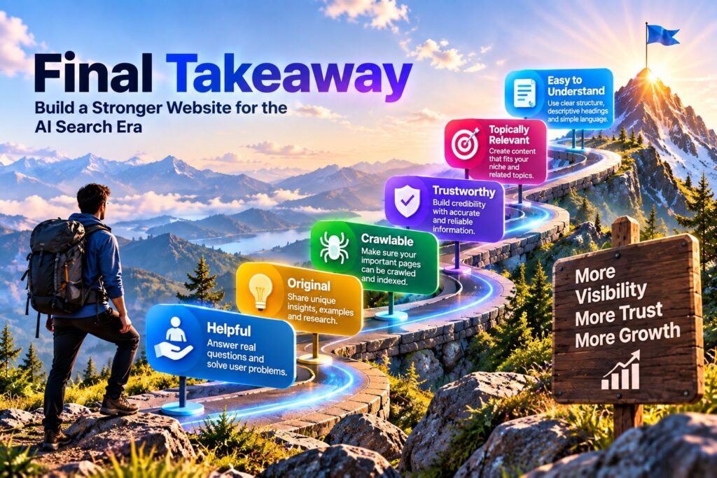 Final takeaway roadmap for building a helpful, original, crawlable, trustworthy, and relevant website for AI search visibility