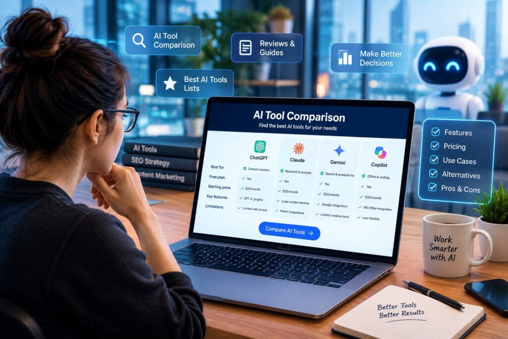 AI tool comparison dashboard showing features of popular AI tools in 2026